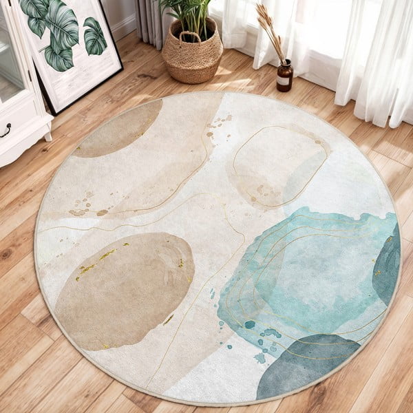 Синьо-бежов кръгъл килим подходящ за пране ø 150 cm Puddle – Mila Home-image-1