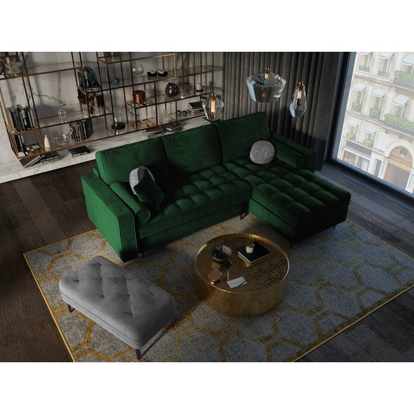 Зелен кадифен ъглов разтегателен диван , десен ъгъл Santo - Milo Casa-image-1