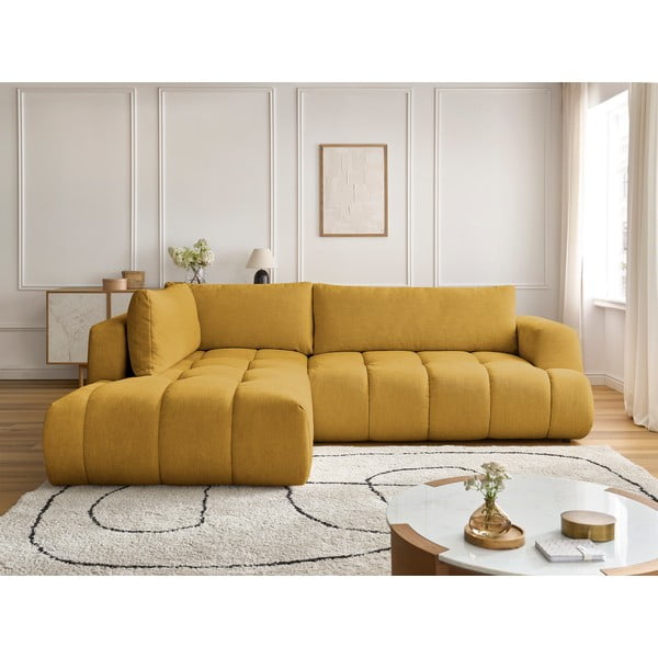 Сгъваем/с място за съхранение ъглов диван в цвят горчица (ляв ъгъл/L форма) Fuji – Bobochic Paris-image-1