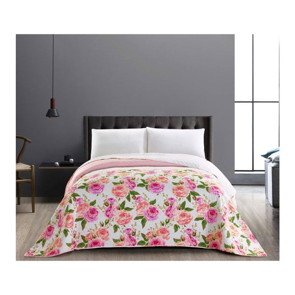 Двустранна розово-бяла покривка за легло от микрофибър English Rose, 240 x 260 cm - DecoKing