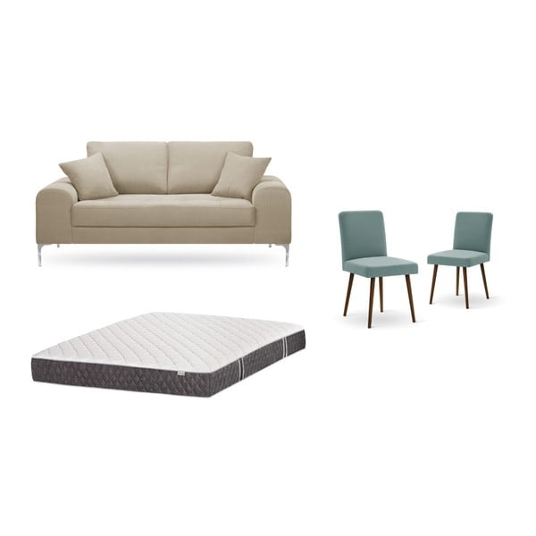Комплект от двуместен сиво-бежов диван, 2 сиво-зелени стола и матрак 140 x 200 cm - Home Essentials