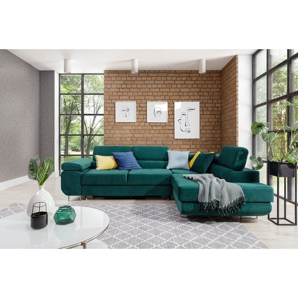 Зелен кадифен разтегателен ъглов диван с място за съхранение (десен ъгъл L форма) Anton – ELTAP-image-1