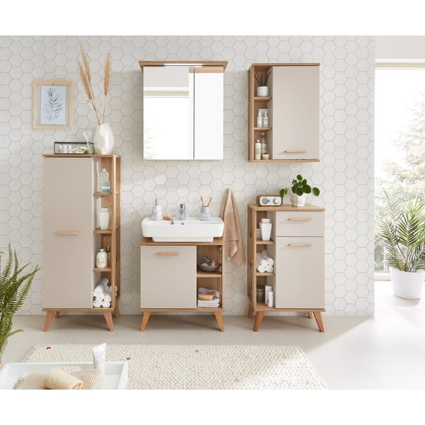 Кремав висок шкаф за баня от декор от дъб  50,5x128 cm Quickset 966 – Pelipal-image-1