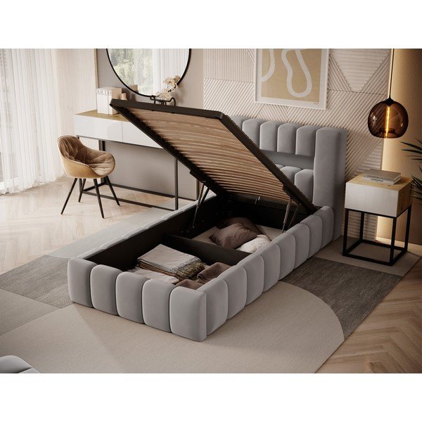 Сиво единично тапицирано легло с място за съхранение и включена подматрачна рамка 90x200 cm Lamica – ELTAP-image-2