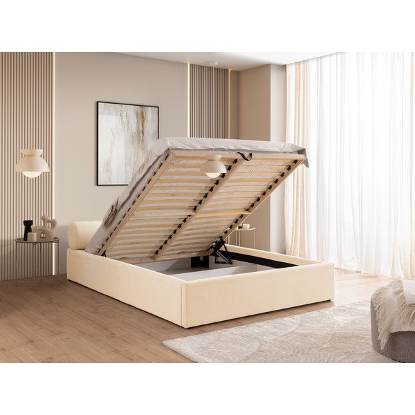 Кремаво двойно легло 200x200 cm тапицирано с място за съхранение с включена подматрачна рамка Cille – Ropez-image-4