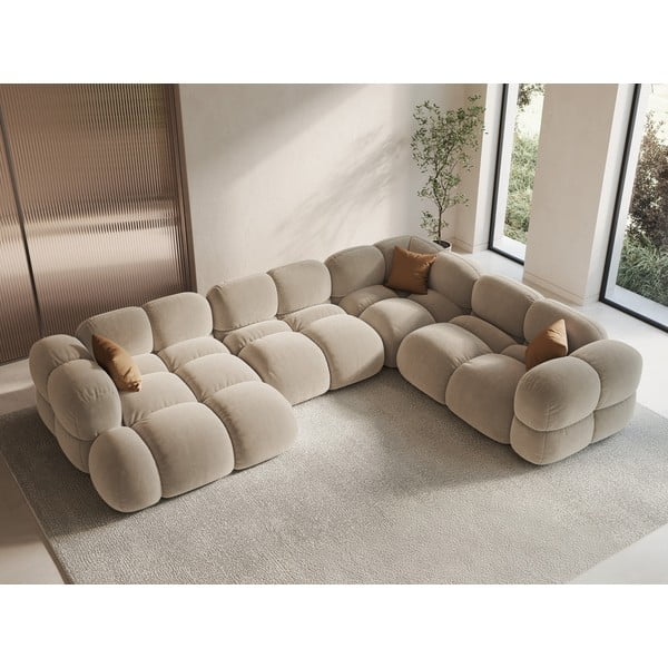 Бежов кадифен ъглов диван (десен ъгъл/U форма) Loretto – Cosmopolitan Design-image-1