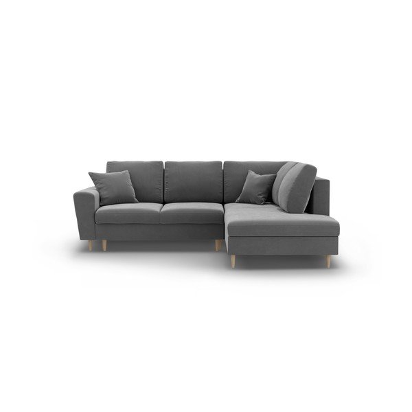 Светлосив кадифен разтегателен ъглов диван с място за съхранение (десен ъгъл/L форма) Kyoto – Cosmopolitan Design