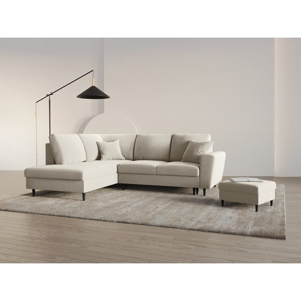 Бежов кадифен разтегателен ъглов диван с място за съхранение (ляв ъгъл/L форма) Kyoto – Cosmopolitan Design-image-2