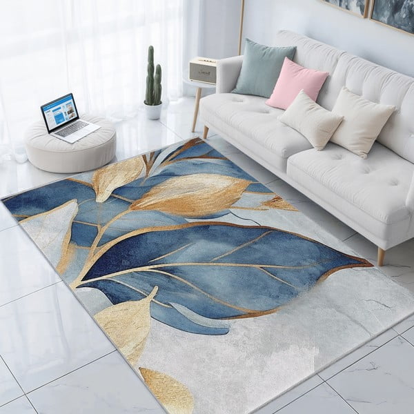 Синьо-златист килим подходящ за пране 80x150 cm Golden Leaves – Mila Home-image-1