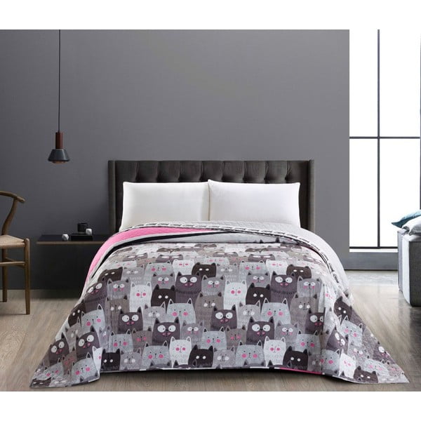 Двустранна сива покривка за легло от микрофибър Cat Invasion, 240 x 260 cm Cats Invasion - DecoKing