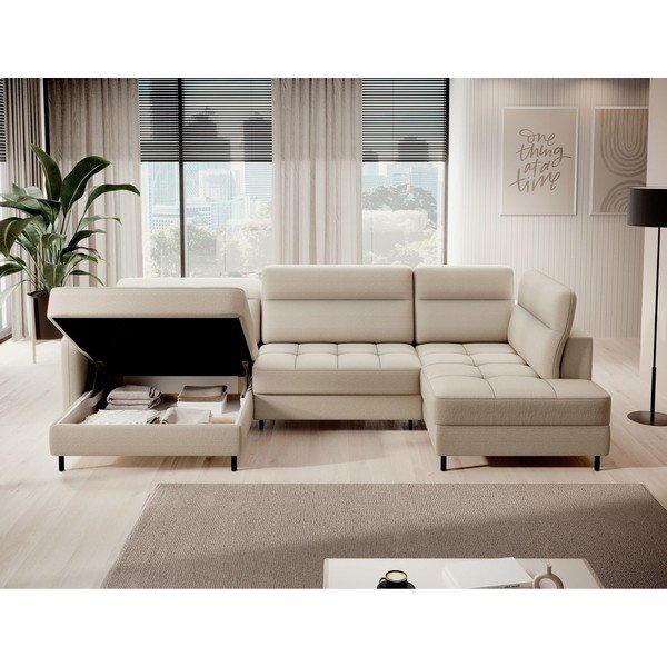 Бежов кадифен разтегателен ъглов диван с място за съхранение (десен ъгъл U форма) Berrto – ELTAP-image-3