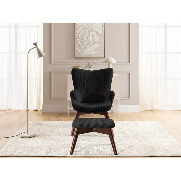 Черен фотьойл с табуретка от рипсено кадифе Niko – Ropez-image-1