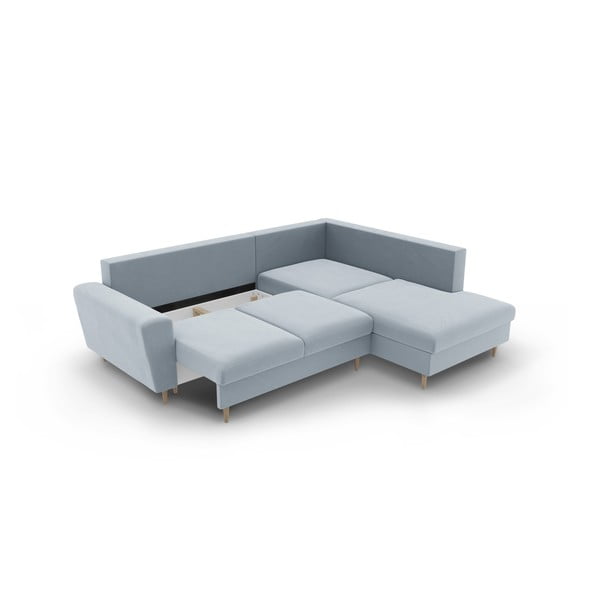 Светлосин кадифен разтегателен ъглов диван с място за съхранение (десен ъгъл/L форма) Kyoto – Cosmopolitan Design-image-3