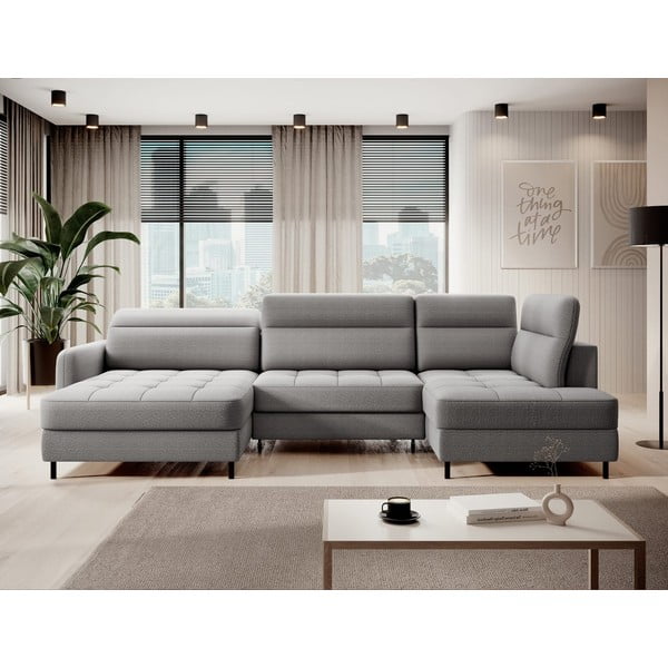 Светлосив кадифен разтегателен ъглов диван с място за съхранение (десен ъгъл U форма) Berrto – ELTAP-image-1