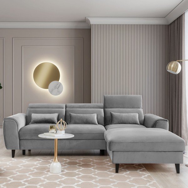 Сив кадифен разтегателен ъглов диван с място за съхранение (десен ъгъл) Foble – ELTAP-image-1