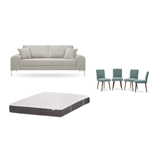 Комплект от триместен кремав диван, 4 сиво-зелени стола и матрак 160 x 200 cm - Home Essentials