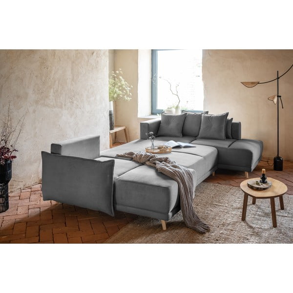 Ъглов разтегателен диван от сив велур (десен ъгъл/U-образна форма) Lazy Lukka - Miuform-image-4
