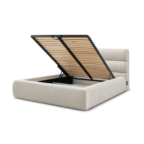 Бежово тапицирано двойно легло с място за съхранение с решетка 160x200 cm Jagna - Bobochic Paris-image-4