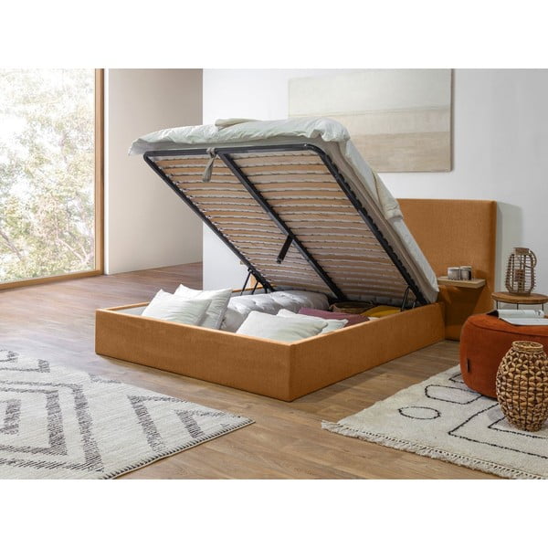 Оранжево-жълто тапицирано двойно легло със склад и решетка 160x200 cm Blandine - Bobochic Paris-image-3