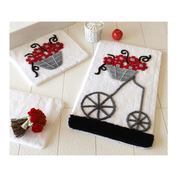 Комплект от три килимчета за баня с мотив на цветна количка в червено, сиво и черно Knit Knot - Foutastic
