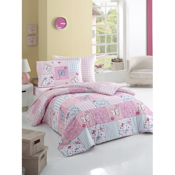 Розово спално бельо с чаршаф за двойно легло Butterfly, 200 x 220 cm - Mijolnir