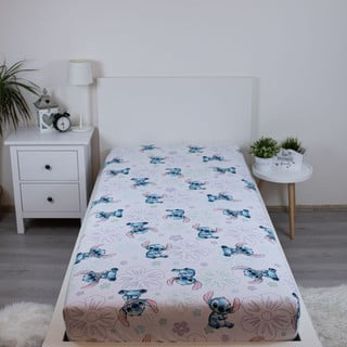 Бял еластичен единичен памучен детски чаршаф 90x200 cm Lilo and Stitch "Ohana White"  – Jerry Fabrics