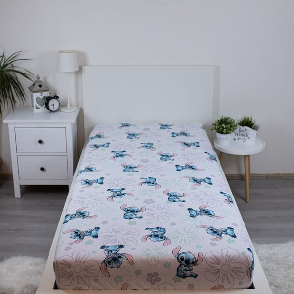 Бял еластичен единичен памучен детски чаршаф 90x200 cm Lilo and Stitch "Ohana White"  – Jerry Fabrics-image-1