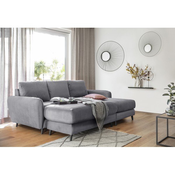 Светлосив ъглов диван от кадифе с подложка за крака, десен ъгъл Cosy Claire - Miuform-image-1