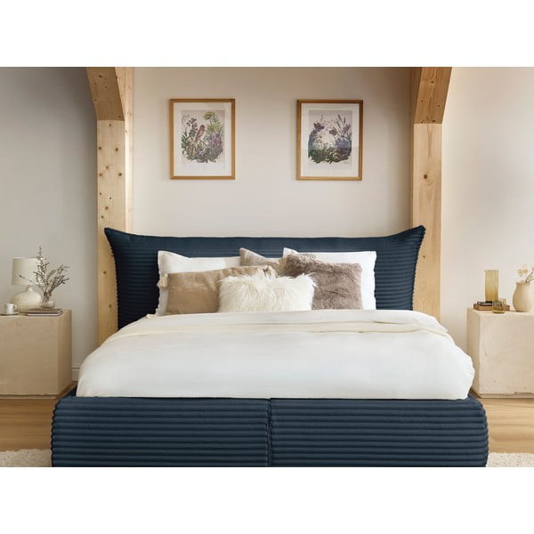 Тъмносиньо двойно тапицирано легло с място за съхранение с включена подматрачна рамка 160x200 cm Jade – Bobochic Paris-image-1