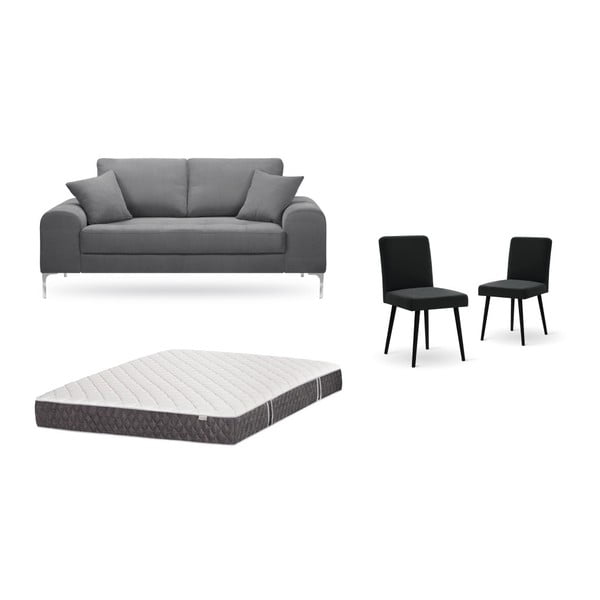 Комплект от двуместен сив диван, 2 черни стола и матрак 140 x 200 cm - Home Essentials