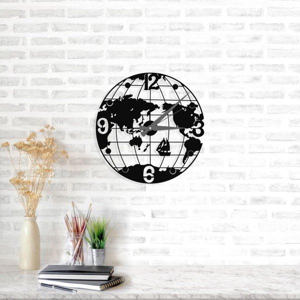 Черен стенен часовник Globe Clock, ⌀ 50 cm - Wallity-image-1