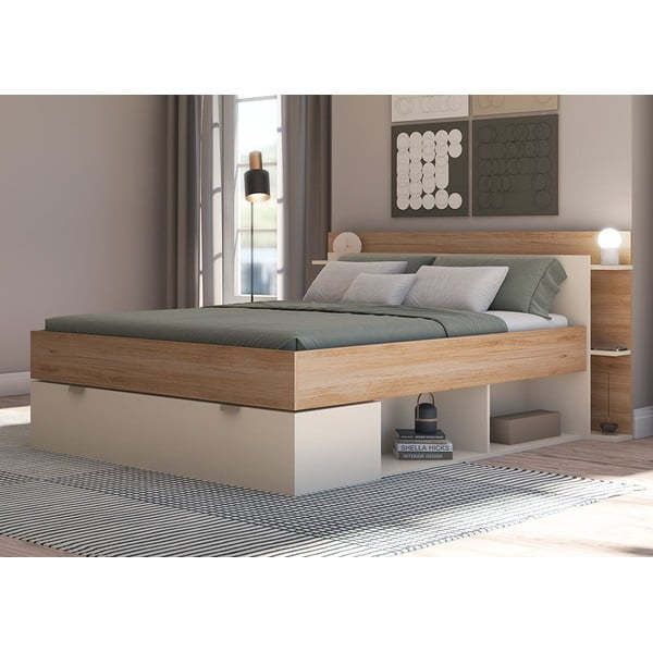 Бяло-естествено двойно легло 140x190 cm от декор от дъб  с място за съхранение без ламелно дъно Albo – Marckeric-image-2
