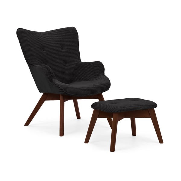 Черен фотьойл с табуретка от рипсено кадифе Niko – Ropez