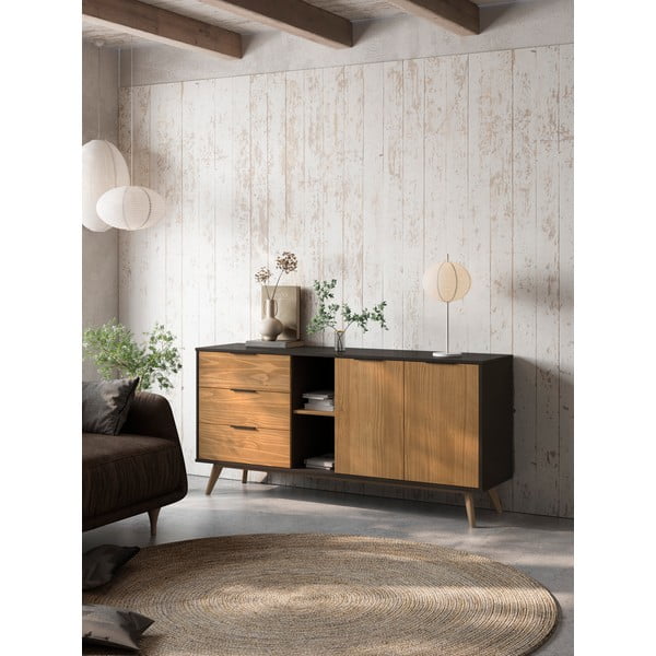 Нисък скрин от черен/естествен бор 165x80 cm Lavis - Marckeric-image-1