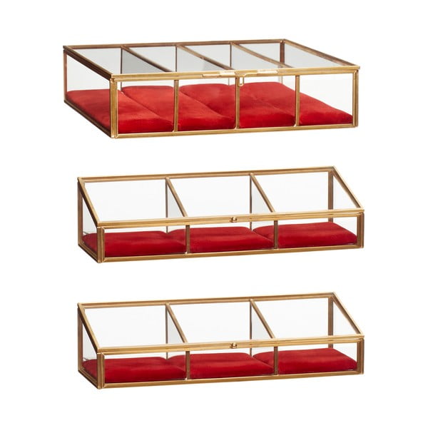 Комплект от 3 стъклени кутии за съхранение с месингова облицовка Rojo - Hübsch