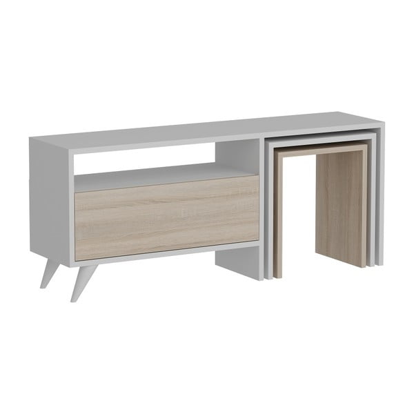 Bílý TV stolek s dekorem světlého dřeva Mobito Design Logy