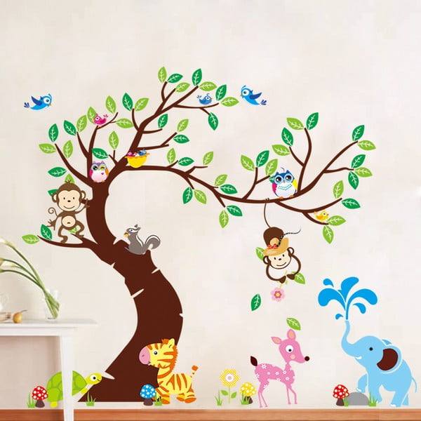 Комплект детски стикери за стена Дърво, маймуни и слон - Ambiance