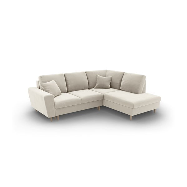 Бежов кадифен разтегателен ъглов диван с място за съхранение (десен ъгъл/L форма) Kyoto – Cosmopolitan Design-image-1