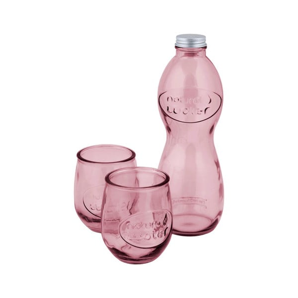 Комплект от розова бутилка за вода и 2 чаши за вода от рециклирано стъкло - Ego Dekor