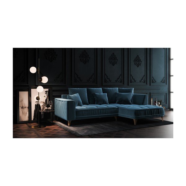 Тъмносиньо кадифено ъглов диван Devichy , десен ъгъл, 256 cm Chloe - devichy-image-3