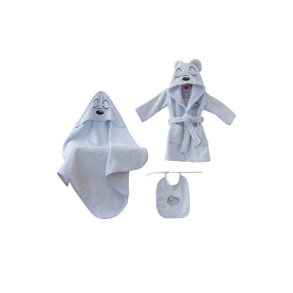 Син памучен детски халат и кърпа в комплект от 3 бр. размер 0-2 години Bear – Foutastic