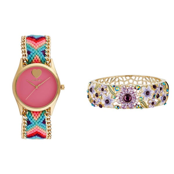 Set dámských hodinek s růžovým ciferníkem a prstenu Manoush Exotic
