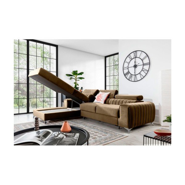 Светлокафяв кадифен разтегателен ъглов диван с място за съхранение (ляв ъгъл) Grayson – ELTAP-image-3