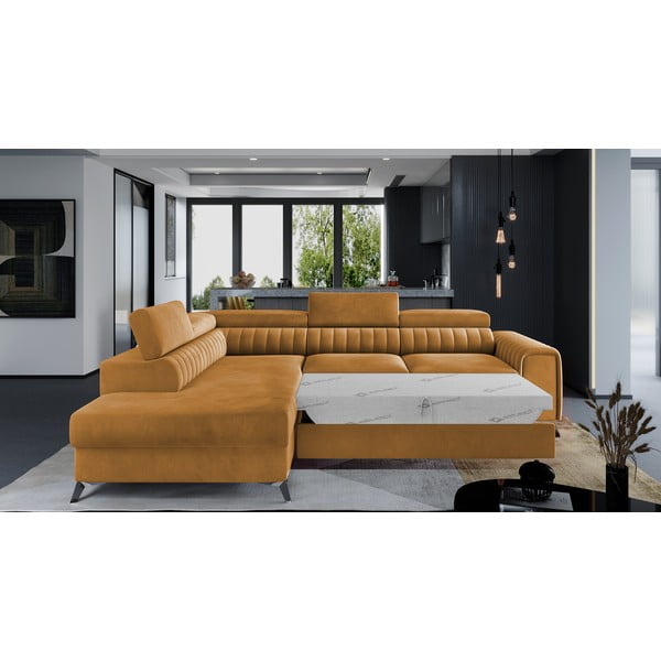 Жълт кадифен разтегателен ъглов диван с място за съхранение (ляв ъгъл L форма) Laurence – ELTAP-image-2