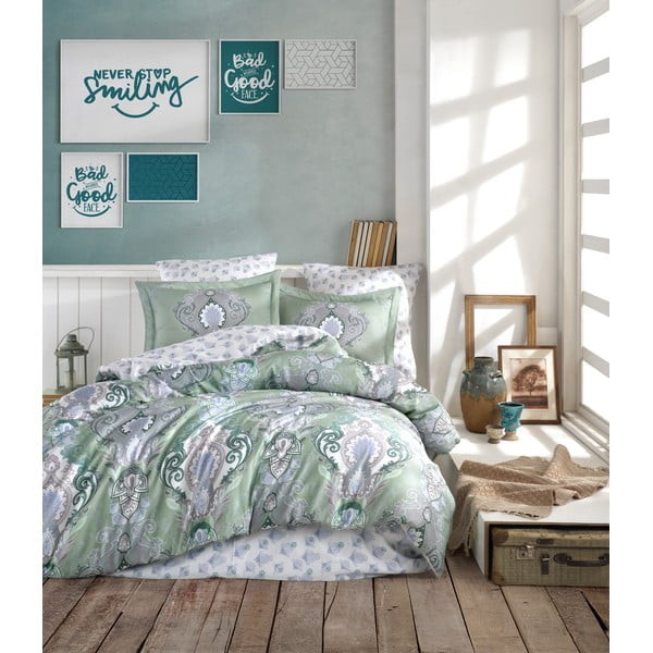 Зелено памучно спално бельо от сатен за единично легло , 135 x 200 cm Mavarova - Mijolnir