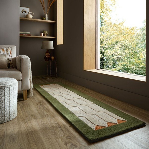 Зелена/в естествен цвят ръчно изработена вълнена пътека 60x230 cm Apex Border Wool – Flair Rugs-image-1