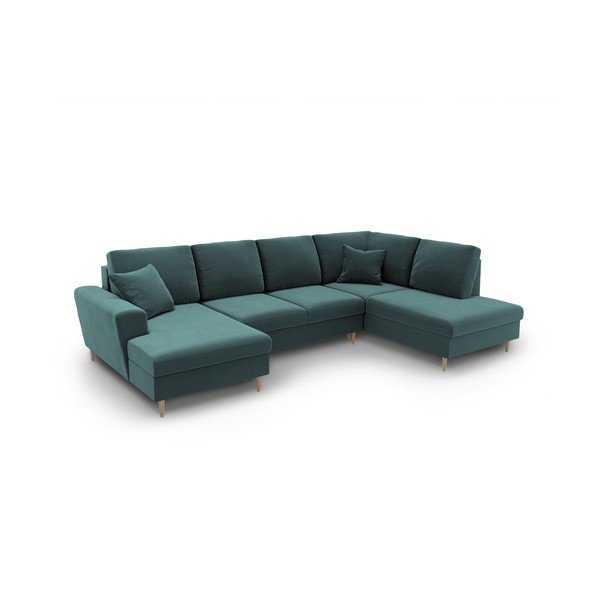 Кадифен разтегателен ъглов диван с място за съхранение в петролен цвят (десен ъгъл/U форма) Kyoto – Cosmopolitan Design-image-1