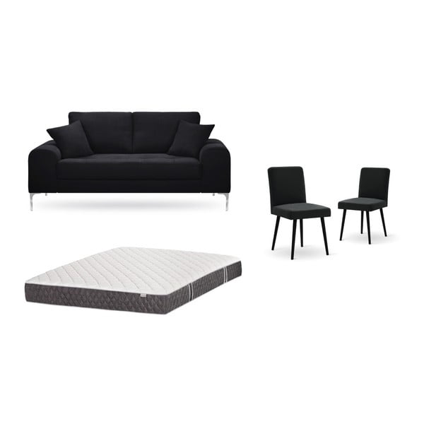 Комплект от двуместен черен диван, 2 черни стола и матрак 140 x 200 cm - Home Essentials