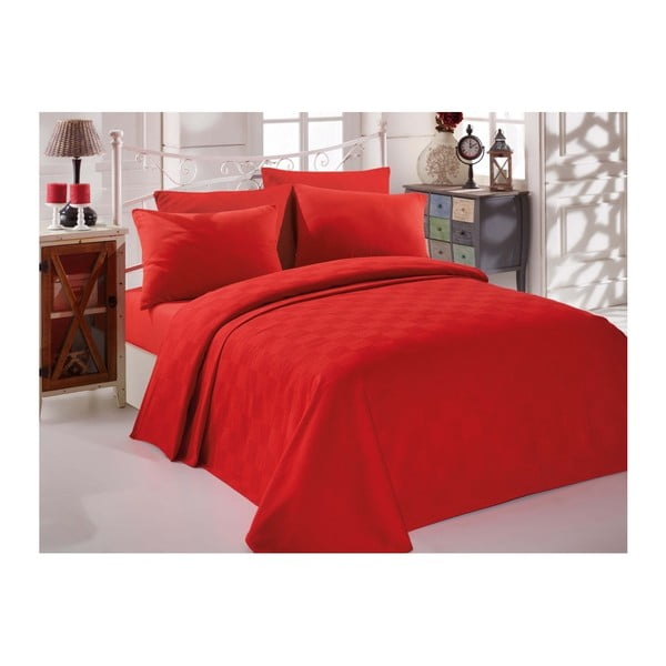 Комплект от червена памучна покривка за легло, чаршаф и 2 калъфки за възглавници за двойно легло Turro Rojo, 200 x 235 cm - Mijolnir
