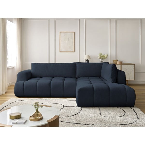 Тъмносин сгъваем/с място за съхранение ъглов диван (десен ъгъл/L форма) Fuji – Bobochic Paris-image-1